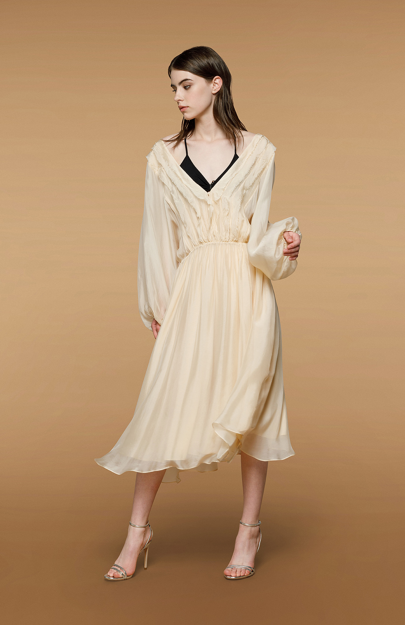 Long sleeve silk midi dress hotsell