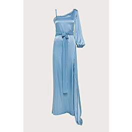 【PORTERNA】Moda Stitch Long One Piece Satin Fringe Trim One Shoulder Midaxi Dress | boohoo